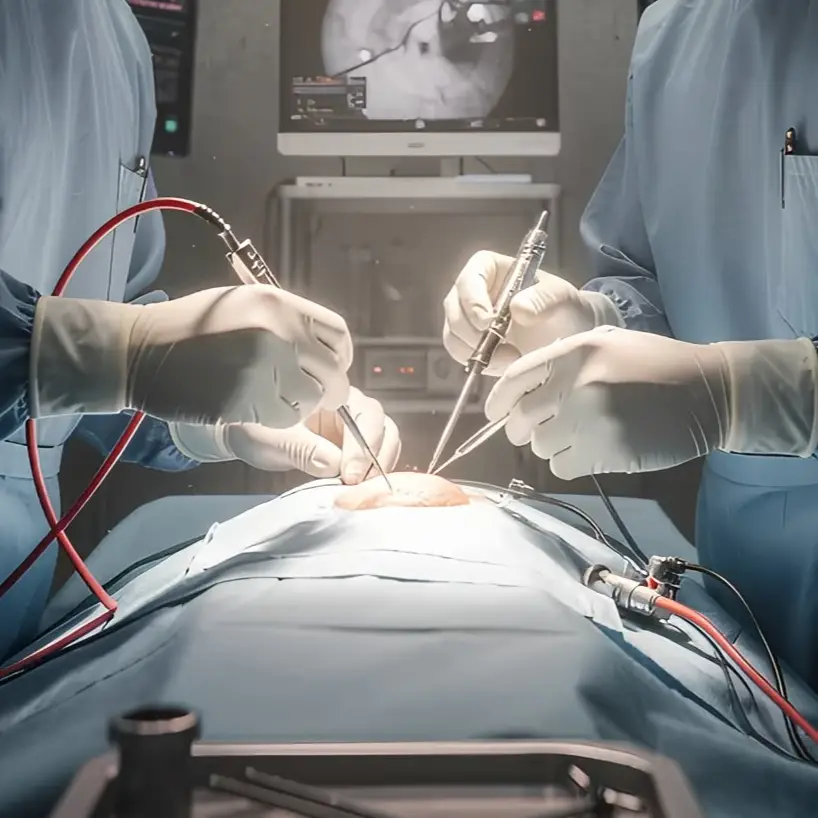 Surgeons in blue scrubs and gloves perform a minimally invasive surgery with specialized instruments at the best urology clinic Singapore, while a medical monitor displays an internal view of the procedure.